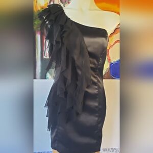 Shiny Jet Black off the shoulder raw edge ruffle assymetrical satin mini dress